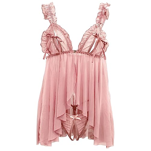 HOTSO Sexy Dessous Sets Füf Frauen Nachtwäsche Babydoll Mesh Nachtwäsche Front Open Closure Chemise Nachtwäsche Unterwäsche Teddy Nachthemd Negligee Mit Tanga (Pink) von HOTSO