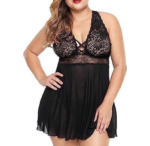 HOTSO Sexy Dessous Sets für Frauen Babydoll Chemise Nachthemden Spitze Negligee Unterwäsche Set Nachtwäsche Plus Size Nachthemd mit G-String Damen Nachtwäsche (Schwarz, XXXL) von HOTSO