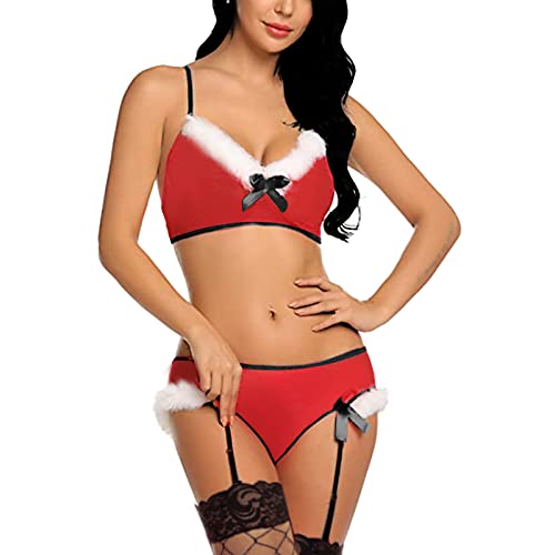 HOTSO Weihnachten Unterwäsche Strapse Reizwäsche Kostüm Xmas, Chrimas Dessous Nachtwäsche Spitze Bowknot Lingerie Set Xmas Strümpfenund Body Babydoll Spitze Heißen Sexy Bodysuit-Set von HOTSO