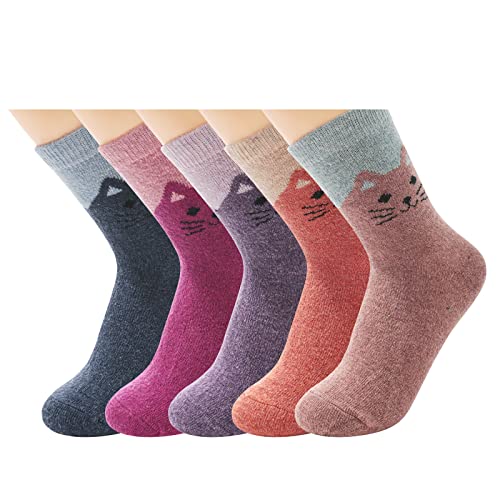 HOTSO Wollsocken Damen Warme Socken 5 Paar Wintersocken Dicke Thermosocken Kuschelsocken Bettsocken Haussocken Vintage Lässige Socken für Winter Geschenk Weihnachtssocken (Eine Katze) von HOTSO