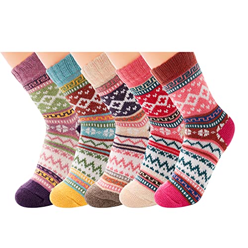 HOTSO Wollsocken Damen Warme Socken 5 Paar Wintersocken Dicke Thermosocken Kuschelsocken Bettsocken Haussocken Vintage Lässige Socken für Winter Geschenk Weihnachtssocken (Hell gefärbt) von HOTSO