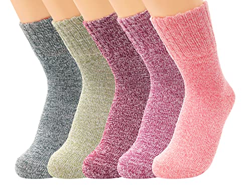 HOTSO Wollsocken Damen Warme Socken 5 Paar Wintersocken Dicke Thermosocken Kuschelsocken Bettsocken Haussocken Vintage Lässige Socken für Winter Geschenk Weihnachtssocken (Rein) von HOTSO