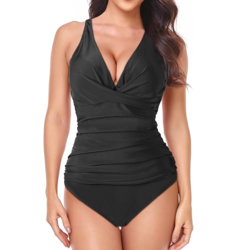 HOTUT Damen Bauchweg Bademode, V Ausschnitt Badeanzug, Einteilige Bademode, bauchweg Push up Swimsuit, Monokinis, high Waist Sport Schwimmanzug von HOTUT