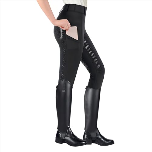 HOTUT Damen Reitleggings, Silikon Vollbesatz Reithose, High Waist Reithose Damen mit Handytasche und Gürtelschlaufen von HOTUT