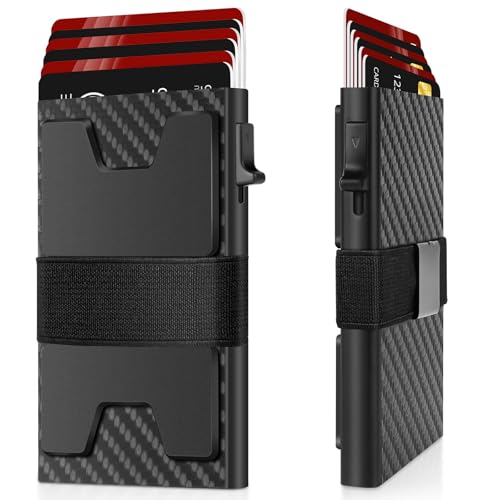 HOTUT Geldbörse Herren,Pop Up Kartenetui mit RFID Schutz,Minimalistische Smart Wallet,Metall-Kartenhalter,Magnetischer Slim Wallet mit Rückplatte und Geldband,Kohlefasermuster Schwarz von HOTUT