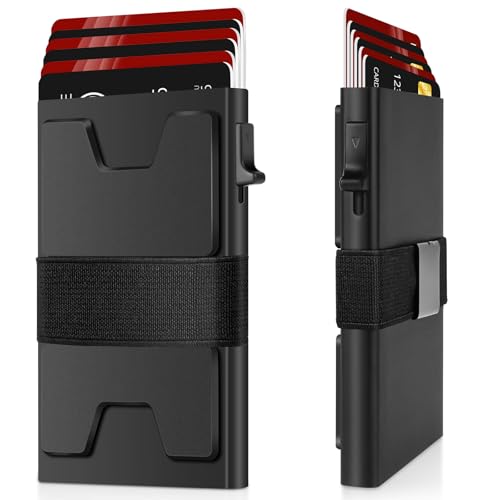 HOTUT Geldbörse Herren,Pop Up Kartenetui mit RFID Schutz,Minimalistische Smart Wallet,Metall-Kartenhalter,Magnetischer Slim Wallet mit Rückplatte und Geldband,Schwarz von HOTUT