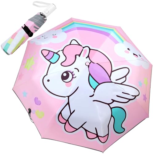 HOTUT Regenschirm Kinder, 8 Rippen Automatik Kinderschirm mit Reflektoren und Niedlichem Muster, Faltbar Regenschirm, Leichter Taschenschirm, sonnenschirm tragbar für Mädchen von HOTUT