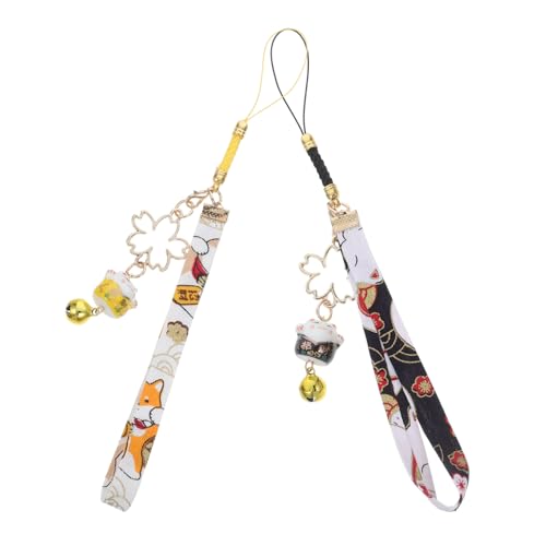 HOUDERCO 2 Stück Japanische Maneki Neko Schlüsselanhänger Keramik Glückskatze Anhänger mit Glocke Farblich Assortiert Glücksbringer für Taschen Schlüssel und Handys Symbolisiert Wohlstand von HOUDERCO