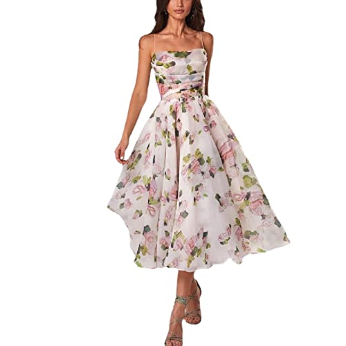 HOUHOUYIBA Elegantes bedrucktes Strapskleid, Damen Strapskleid Sommer ärmellos Vintage Print, Blumendruck Boho Maxikleid lang elegant (weißer Druck,XS) von HOUHOUYIBA