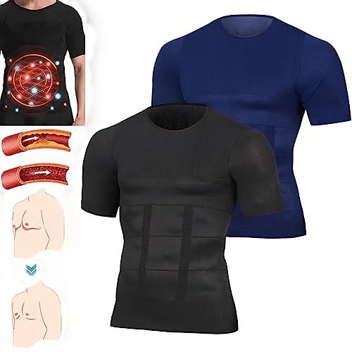 HOUHOUYIBA GFOUK Techwear Ionic Sculpting Unterhemd, Mansap Ion Slim and Shaping Unterhemd, Herren Kompressionsshirt Kurzarm, Gynäkomastie Kompressionsshirt (Blau+Schwarz,L) von HOUHOUYIBA