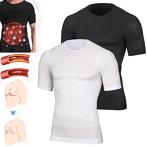 HOUHOUYIBA GFOUK Techwear Ionic Sculpting Unterhemd, Mansap Ion Slim and Shaping Unterhemd, Herren Kompressionsshirt Kurzarm, Gynäkomastie Kompressionsshirt (Weiß+Schwarz,L) von HOUHOUYIBA