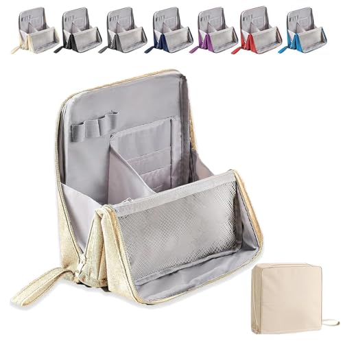 Doresty-Make-up-Beutel, tragbarer Mehrzweck-Kapazität mit großer Kapazität Oxford-Stoffstoff-Make-up-Taschen, wasserdichtes Stand-up-Toilettenpaket mit Fächern für Frauen (Beige) von HOUKUNKA