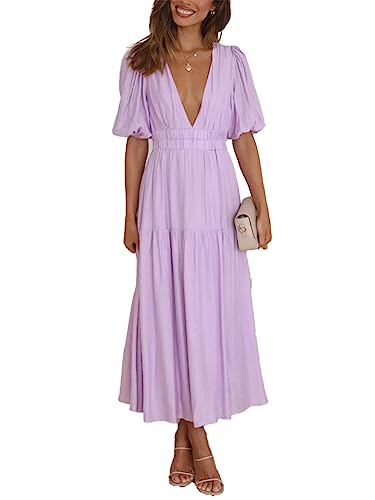HOULENGS Damen-Midikleid mit tiefem V-Ausschnitt, Puffärmel, gestuftes Kleid, elastisch, hohe Taille, fließende A-Linie, Midi-Kleider, Violett, X-Groß von HOULENGS