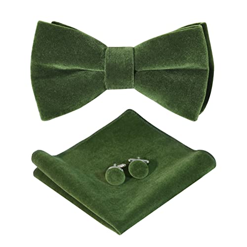 HOULIFE Fliege Herren Set - Verstellbare Fliege aus Samt Vorgebunden Fliege, einfarbige Einstecktuch, Manschettenknöpfe Set für Bräutigam Hochzeit formal mit Geschenkbox, Olivgrün von HOULIFE