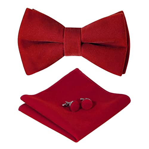 HOULIFE Fliege Herren Set - Verstellbare Fliege aus Samt Vorgebunden Fliege, einfarbige Einstecktuch, Manschettenknöpfe Set für Bräutigam Hochzeit formal mit Geschenkbox, Rot von HOULIFE