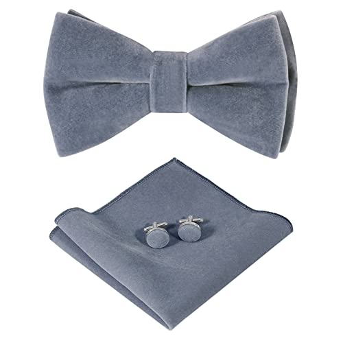 HOULIFE Fliege Herren Set - Verstellbare Fliege aus Samt Vorgebunden Fliege, einfarbige Einstecktuch, Manschettenknöpfe Set für Bräutigam Hochzeit formal mit Geschenkbox, Silber-Grau von HOULIFE