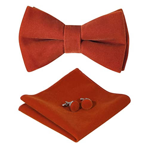 HOULIFE Fliege Herren Set - Verstellbare Fliege aus Samt Vorgebunden Fliege, einfarbige Einstecktuch, Manschettenknöpfe Set für Bräutigam Hochzeit formal mit Geschenkbox, ziegelrot von HOULIFE