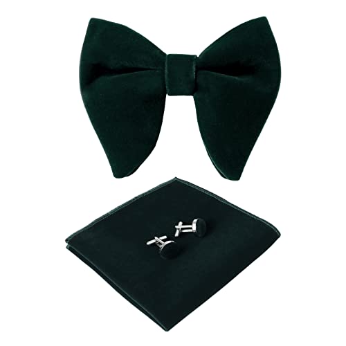 HOULIFE Fliege Herren Set - Verstellbare Fliege aus Samt Vorgebunden Fliege, einfarbige Einstecktuch, Manschettenknöpfe Set für Bräutigam Hochzeit formal mit Geschenkbox (Dunkelgrün) von HOULIFE