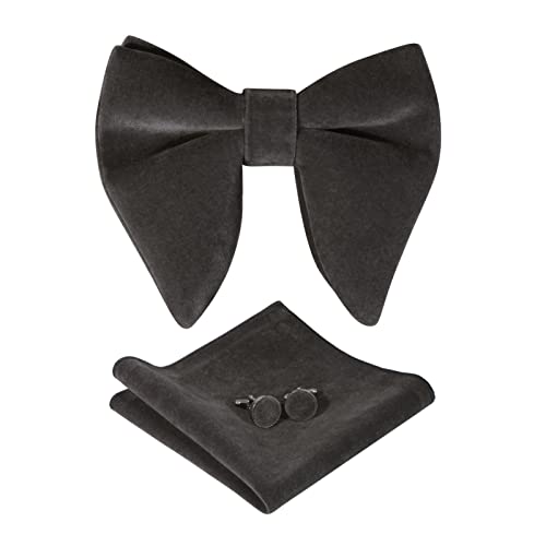 HOULIFE Fliege Herren Set - Verstellbare Fliege aus Samt Vorgebunden Fliege, einfarbige Einstecktuch, Manschettenknöpfe Set für Bräutigam Hochzeit formal mit Geschenkbox (Dunkelgrau) von HOULIFE