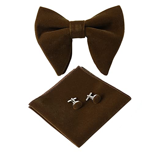 HOULIFE Fliege Herren Set - Verstellbare Fliege aus Samt Vorgebunden Fliege, einfarbige Einstecktuch, Manschettenknöpfe Set für Bräutigam Hochzeit formal mit Geschenkbox (Kaffee) von HOULIFE