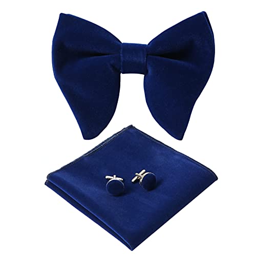 HOULIFE Fliege Herren Set - Verstellbare Fliege aus Samt Vorgebunden Fliege, einfarbige Einstecktuch, Manschettenknöpfe Set für Bräutigam Hochzeit formal mit Geschenkbox (Navy blau) von HOULIFE