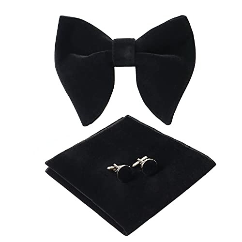 HOULIFE Fliege Herren Set - Verstellbare Fliege aus Samt Vorgebunden Fliege, einfarbige Einstecktuch, Manschettenknöpfe Set für Bräutigam Hochzeit formal mit Geschenkbox (Schwarz) von HOULIFE