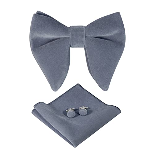 HOULIFE Fliege Herren Set - Verstellbare Fliege aus Samt Vorgebunden Fliege, einfarbige Einstecktuch, Manschettenknöpfe Set für Bräutigam Hochzeit formal mit Geschenkbox (Silber-Grau) von HOULIFE