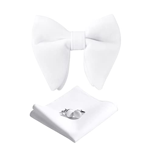 HOULIFE Fliege Herren Set - Verstellbare Fliege aus Samt Vorgebunden Fliege, einfarbige Einstecktuch, Manschettenknöpfe Set für Bräutigam Hochzeit formal mit Geschenkbox (Weiß) von HOULIFE