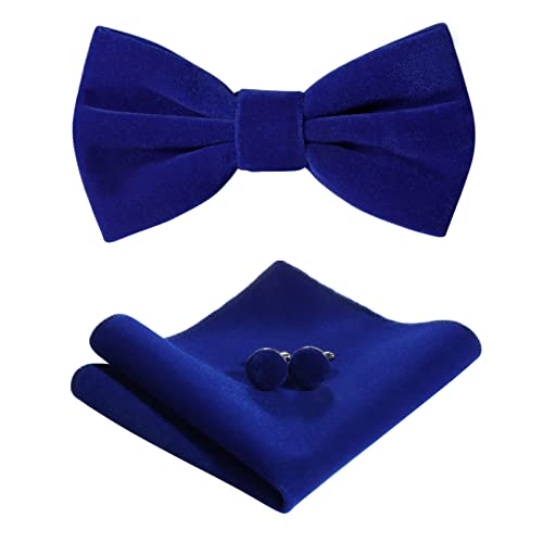 HOULIFE Fliege Herren Set - Verstellbare Fliege aus Samt Vorgebunden Fliege, einfarbige Einstecktuch, Manschettenknöpfe Set für Bräutigam Hochzeit formal mit Geschenkbox - Blau von HOULIFE