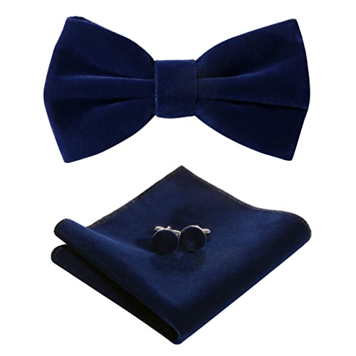 HOULIFE Fliege Herren Set - Verstellbare Fliege aus Samt Vorgebunden Fliege, einfarbige Einstecktuch, Manschettenknöpfe Set für Bräutigam Hochzeit formal mit Geschenkbox - Navy blau von HOULIFE