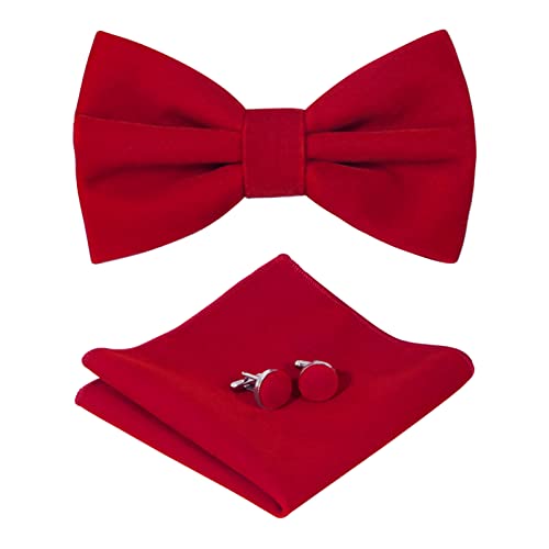 HOULIFE Fliege Herren Set - Verstellbare Fliege aus Samt Vorgebunden Fliege, einfarbige Einstecktuch, Manschettenknöpfe Set für Bräutigam Hochzeit formal mit Geschenkbox - Rot von HOULIFE