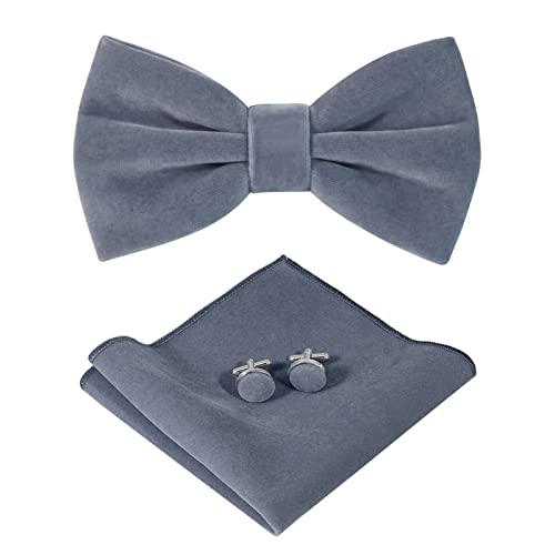 HOULIFE Fliege Herren Set - Verstellbare Fliege aus Samt Vorgebunden Fliege, einfarbige Einstecktuch, Manschettenknöpfe Set für Bräutigam Hochzeit formal mit Geschenkbox - Silber-Grau von HOULIFE