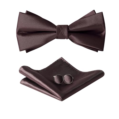 HOULIFE Fliege Herren Set - Verstellbare Fliege aus Satin Polyester Vorgebunden Fliege, einfarbige Einstecktuch, Manschettenknöpfe Set für Bräutigam Hochzeit formal mit Geschenkbox, Braun von HOULIFE