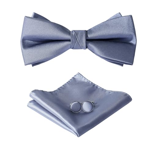 HOULIFE Fliege Herren Set - Verstellbare Fliege aus Satin Polyester Vorgebunden Fliege, einfarbige Einstecktuch, Manschettenknöpfe Set für Bräutigam Hochzeit formal mit Geschenkbox, Dunkelgrau von HOULIFE