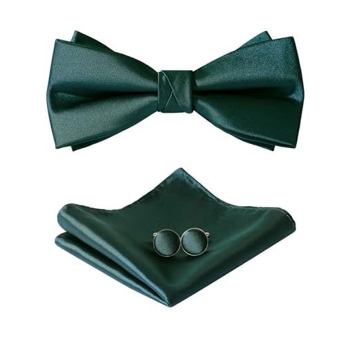 HOULIFE Fliege Herren Set - Verstellbare Fliege aus Satin Polyester Vorgebunden Fliege, einfarbige Einstecktuch, Manschettenknöpfe Set für Bräutigam Hochzeit formal mit Geschenkbox, Dunkelgrün von HOULIFE