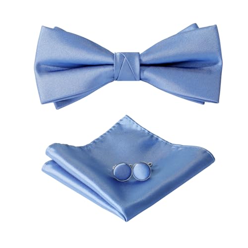 HOULIFE Fliege Herren Set - Verstellbare Fliege aus Satin Polyester Vorgebunden Fliege, einfarbige Einstecktuch, Manschettenknöpfe Set für Bräutigam Hochzeit formal mit Geschenkbox, Dunstblau von HOULIFE