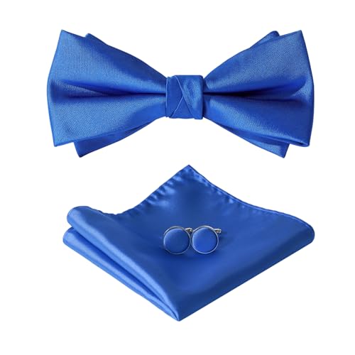 HOULIFE Fliege Herren Set - Verstellbare Fliege aus Satin Polyester Vorgebunden Fliege, einfarbige Einstecktuch, Manschettenknöpfe Set für Bräutigam Hochzeit formal mit Geschenkbox, Königsblau von HOULIFE