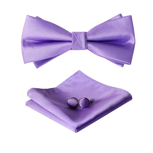 HOULIFE Fliege Herren Set - Verstellbare aus Satin Polyester Vorgebunden Fliege, einfarbige Einstecktuch, Manschettenknöpfe Set für Bräutigam Hochzeit formal mit Geschenkbox, Lila von HOULIFE