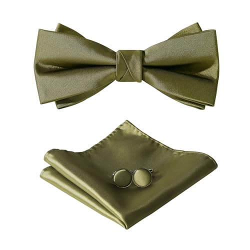 HOULIFE Fliege Herren Set - Verstellbare Fliege aus Satin Polyester Vorgebunden Fliege, einfarbige Einstecktuch, Manschettenknöpfe Set für Bräutigam Hochzeit formal mit Geschenkbox, Olivgrün von HOULIFE