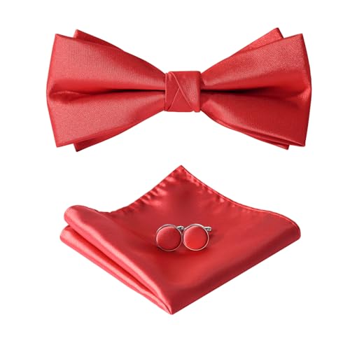 HOULIFE Fliege Herren Set - Verstellbare Fliege aus Satin Polyester Vorgebunden Fliege, einfarbige Einstecktuch, Manschettenknöpfe Set für Bräutigam Hochzeit formal mit Geschenkbox, Rot von HOULIFE