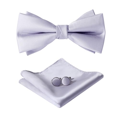 HOULIFE Fliege Herren Set - Verstellbare Fliege aus Satin Polyester Vorgebunden Fliege, einfarbige Einstecktuch, Manschettenknöpfe Set für Bräutigam Hochzeit formal mit Geschenkbox, Silber-Grau von HOULIFE