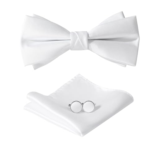 HOULIFE Fliege Herren Set - Verstellbare Fliege aus Satin Polyester Vorgebunden Fliege, einfarbige Einstecktuch, Manschettenknöpfe Set für Bräutigam Hochzeit formal mit Geschenkbox, Weiß von HOULIFE