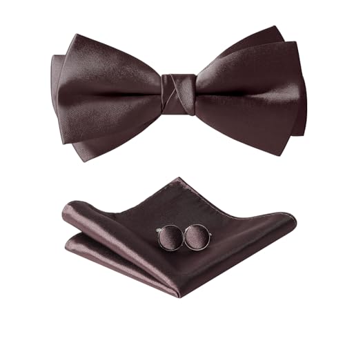 HOULIFE Fliege Herren Set - Verstellbare Fliege aus Satin Polyester Vorgebunden Fliege, einfarbige Einstecktuch, Manschettenknöpfe Set für Bräutigam Hochzeit formal mit Geschenkbox (Braun) von HOULIFE