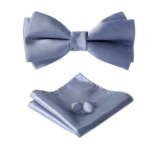 HOULIFE Fliege Herren Set - Verstellbare Fliege aus Satin Polyester Vorgebunden Fliege, einfarbige Einstecktuch, Manschettenknöpfe Set für Bräutigam Hochzeit formal mit Geschenkbox (Dunkelgrau) von HOULIFE