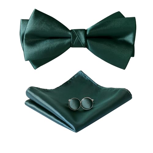 HOULIFE Fliege Herren Set - Verstellbare Fliege aus Satin Polyester Vorgebunden Fliege, einfarbige Einstecktuch, Manschettenknöpfe Set für Bräutigam Hochzeit formal mit Geschenkbox (Dunkelgrün) von HOULIFE