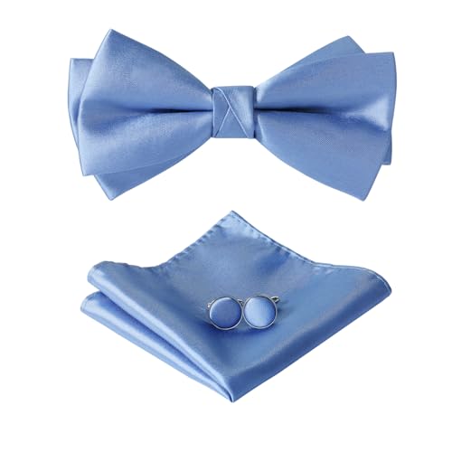 HOULIFE Fliege Herren Set - Verstellbare Fliege aus Satin Polyester Vorgebunden Fliege, einfarbige Einstecktuch, Manschettenknöpfe Set für Bräutigam Hochzeit formal mit Geschenkbox (Dunstblau) von HOULIFE