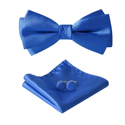 HOULIFE Fliege Herren Set - Verstellbare Fliege aus Satin Polyester Vorgebunden Fliege, einfarbige Einstecktuch, Manschettenknöpfe Set für Bräutigam Hochzeit formal mit Geschenkbox (Königsblau) von HOULIFE