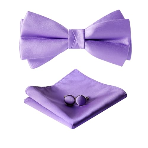 HOULIFE Fliege Herren Set - Verstellbare Fliege aus Satin Polyester Vorgebunden Fliege, einfarbige Einstecktuch, Manschettenknöpfe Set für Bräutigam Hochzeit formal mit Geschenkbox (Lila) von HOULIFE