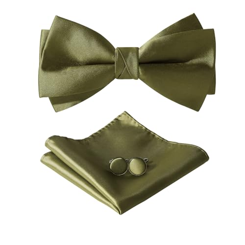 HOULIFE Fliege Herren Set - Verstellbare Fliege aus Satin Polyester Vorgebunden Fliege, einfarbige Einstecktuch, Manschettenknöpfe Set für Bräutigam Hochzeit formal mit Geschenkbox (Olivgrün) von HOULIFE