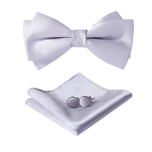 HOULIFE Fliege Herren Set - Verstellbare Fliege aus Satin Polyester Vorgebunden Fliege, einfarbige Einstecktuch, Manschettenknöpfe Set für Bräutigam Hochzeit formal mit Geschenkbox (Silber-Grau) von HOULIFE